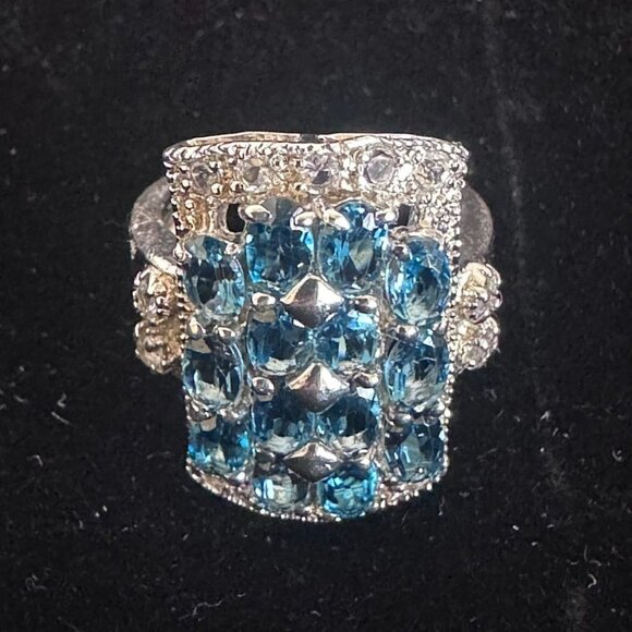 Sterling Silver London Blue Topaz & Czs Cocktail Statement Ring – Size 6 - Picture 3 of 15